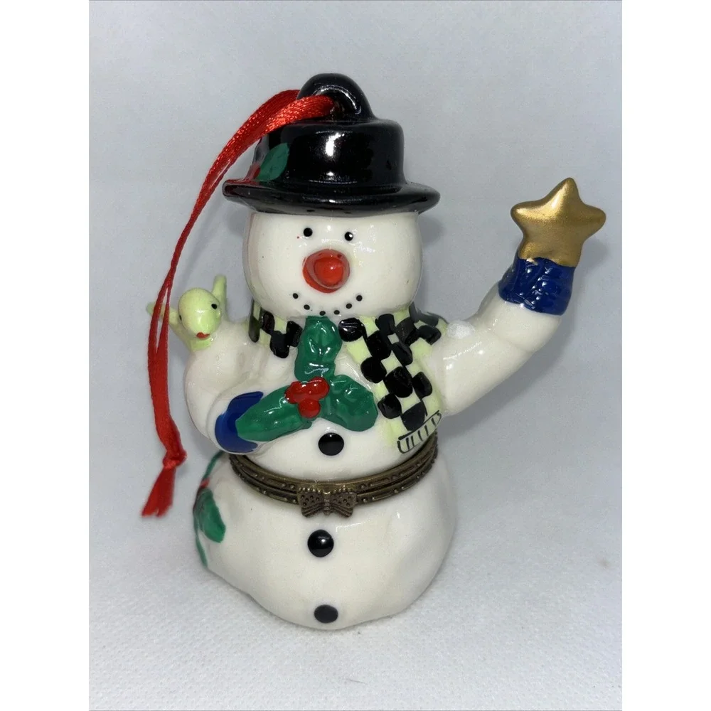Vintage Snowman Trinket Box Christmas Ornament 3.5